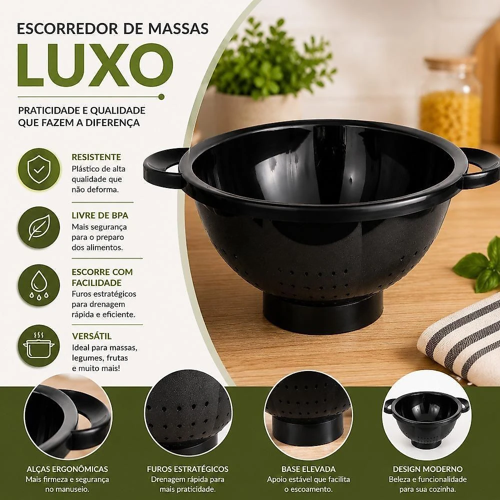 Escorredor de Massas Luxo Multiuso Plástico Resistente Livre de BPA Preto