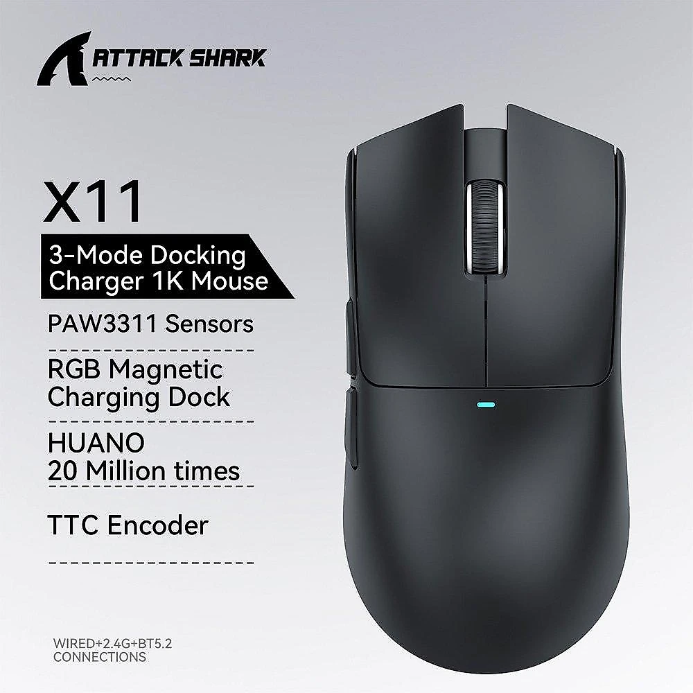 Mouse Gamer sem Fio Attack Shark X11 com Dock Black