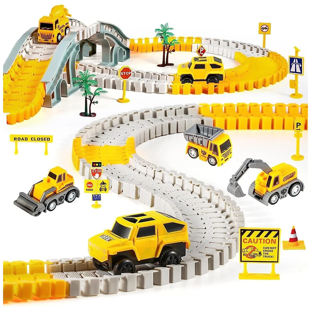 Pista de corrida de construção com 260 peças, 2 carros elétricos e 4 carros de construção Kizplays.