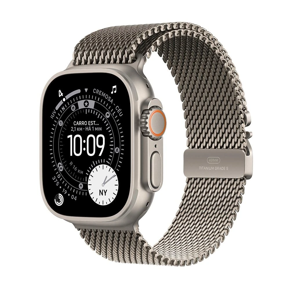 Apple Watch Ultra 3 GPS + Cellular, 49 mm, Caixa Natural de Titânio, Pulseira Natural Estilo Milanês de Titânio – P