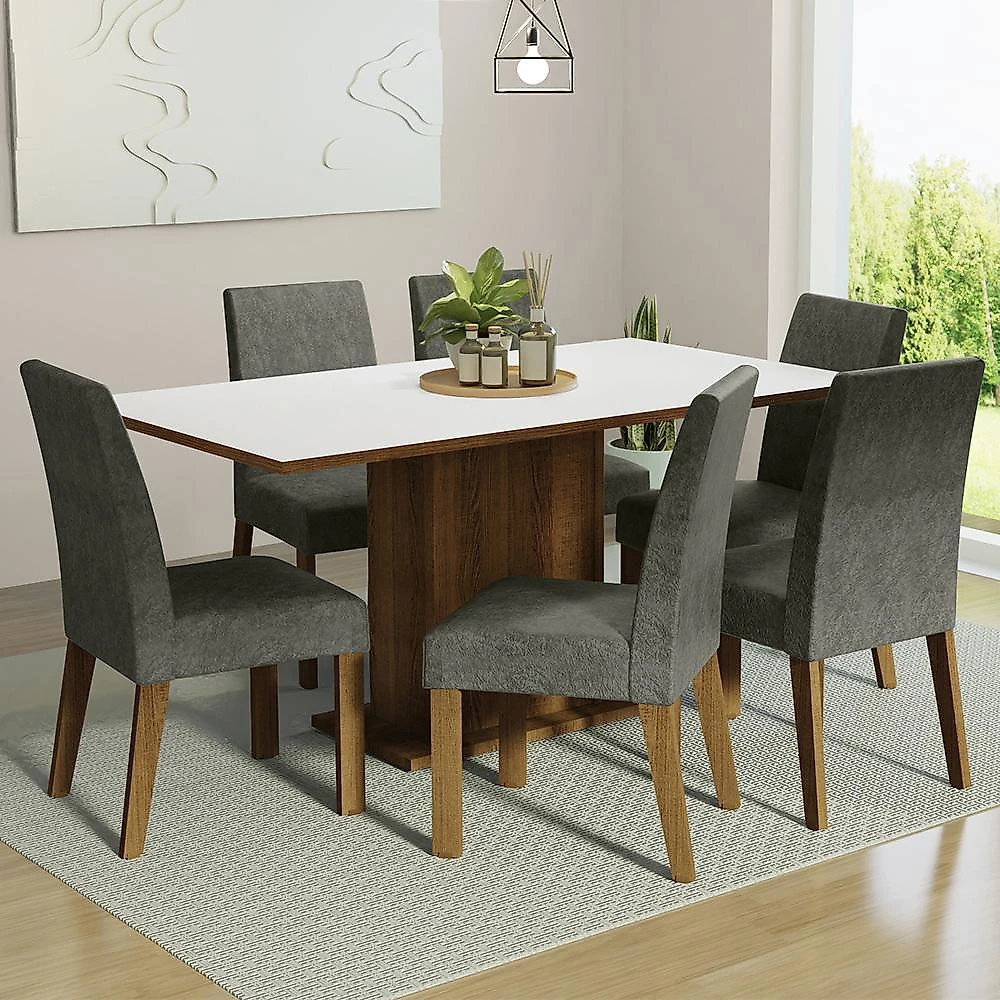 Conjunto sala de jantar mesa tampo de madeira 6 cadeiras rustic/branco/silver renata madesa