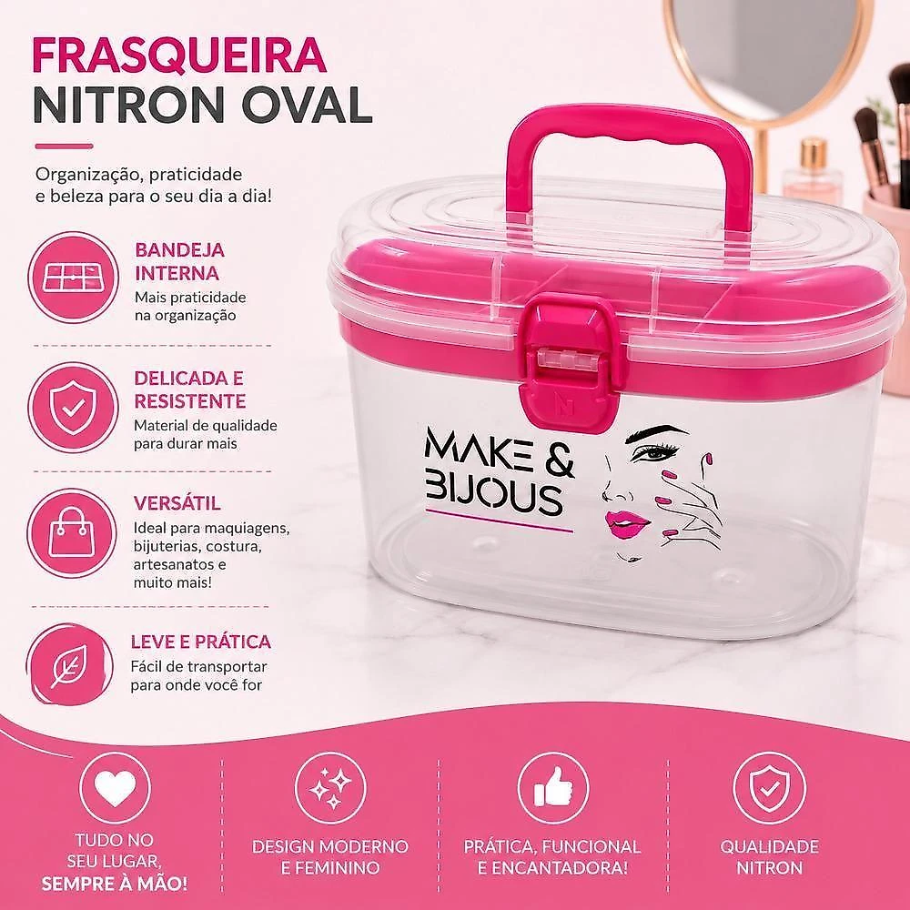Frasqueira Oval com Bandeja Organizadora Maquiagem Cosmeticos Acessorios Costura Manicure Plastico