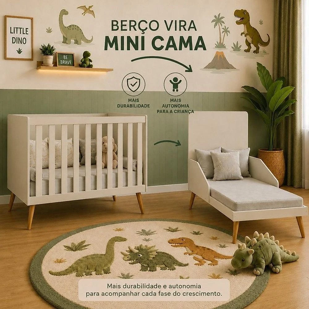 Quarto de Bebê Completo Isis / Berço 2 em 1, Cômoda Sapateira 100% MDF Areia