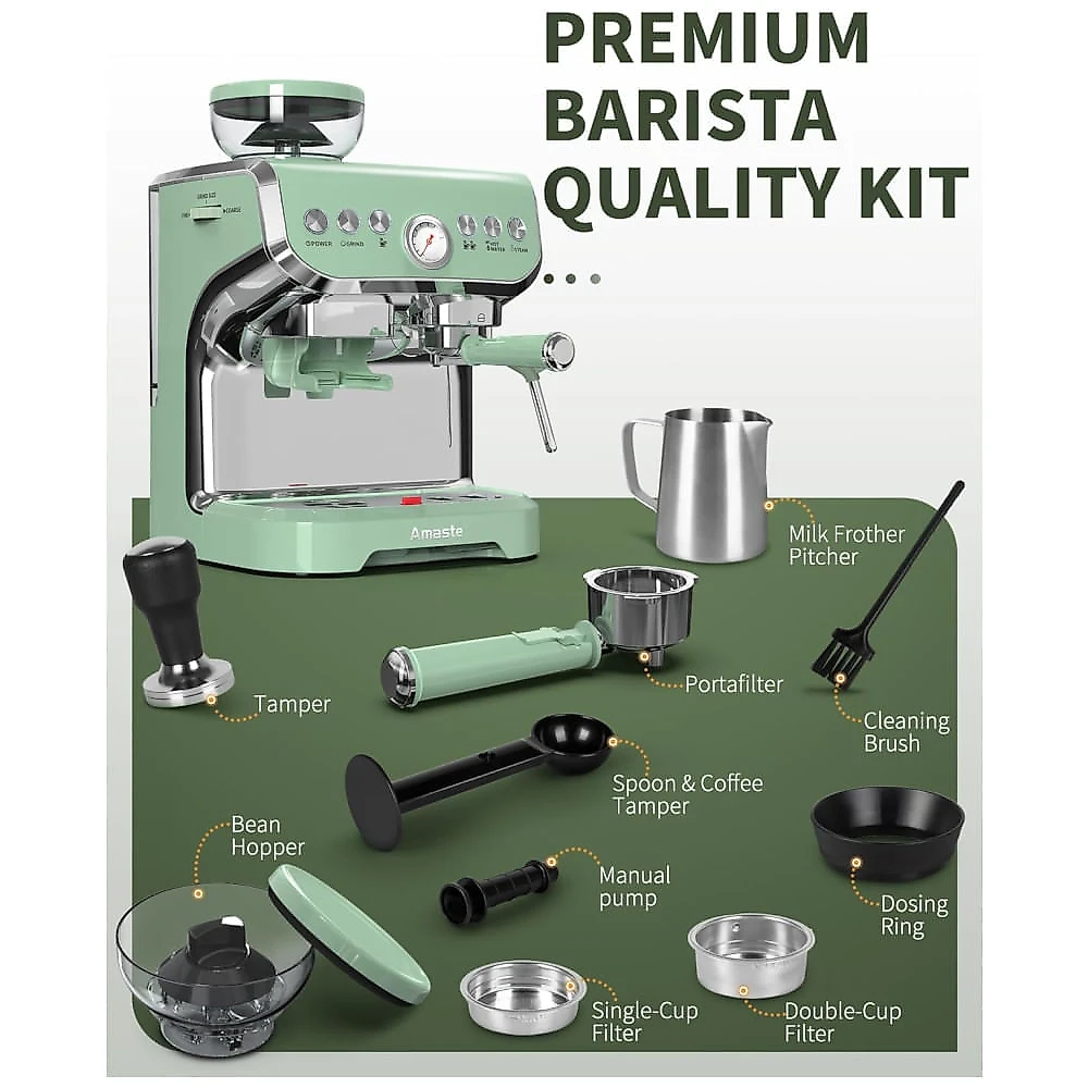 Mquina de Caf Expresso Profissional 15 Bar com Vaporizador de Leite, Moedor Embutido e Tanque de gua Removvel de 2L, 110V 1450W, Amaste AC517E, Verde 110v
