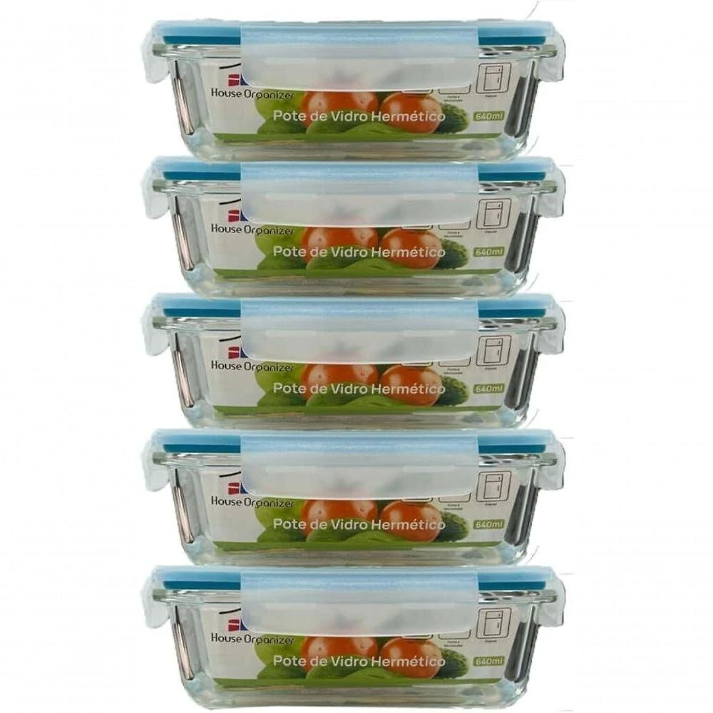 Potes de Armazenamento House Organizer Kit 5 de Vidro Herméticos com Vedação Total Azul 640ML