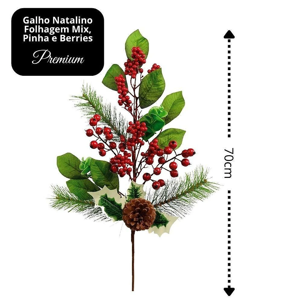 Galho Mix Folhagem Natal Premium Pinha E Berries 70cm - Magizi