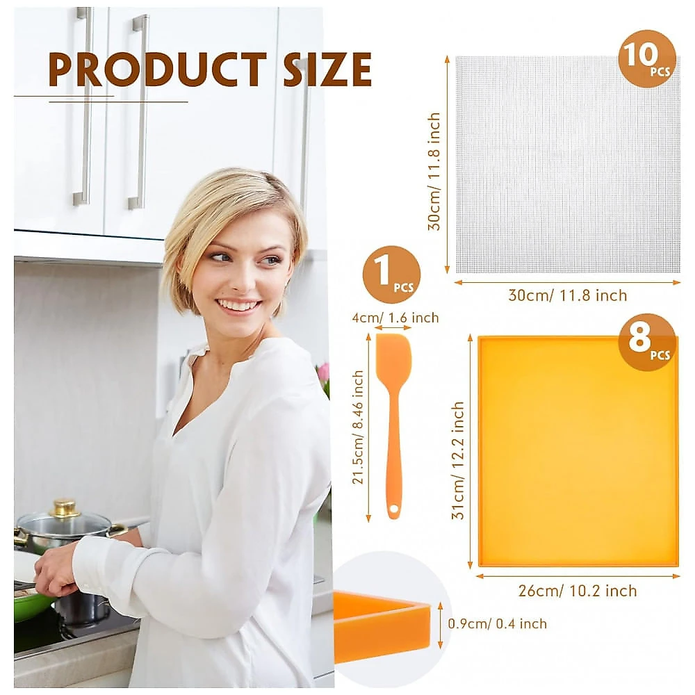 Kit Tapetes Desidratador Thenshop Laranja 8 Bandejas Silicone Bordas Altas 10 Telas Mesh Raspador