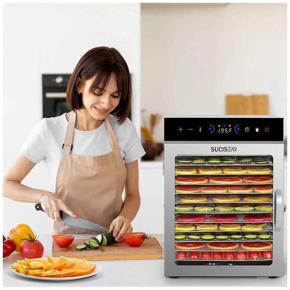 Desidratador de Alimentos SUCISENI com 12 Bandejas de Aço Inoxidável, 1000W, Timer de 24 Horas e Controle de Temperatura 195°C, Ideal para Jerky