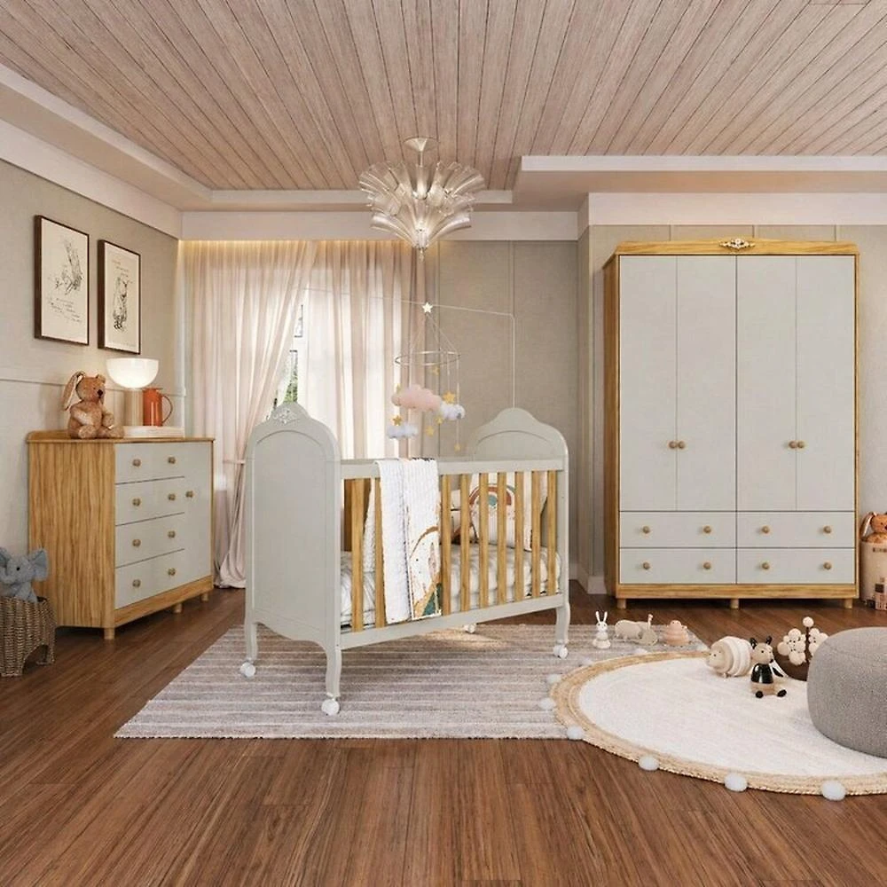Quarto de Bebê com Berço Minicama Guarda-roupa e Cômoda 100% Mdf Maya Clássico Espresso Móveis Off White/Amêndoa
