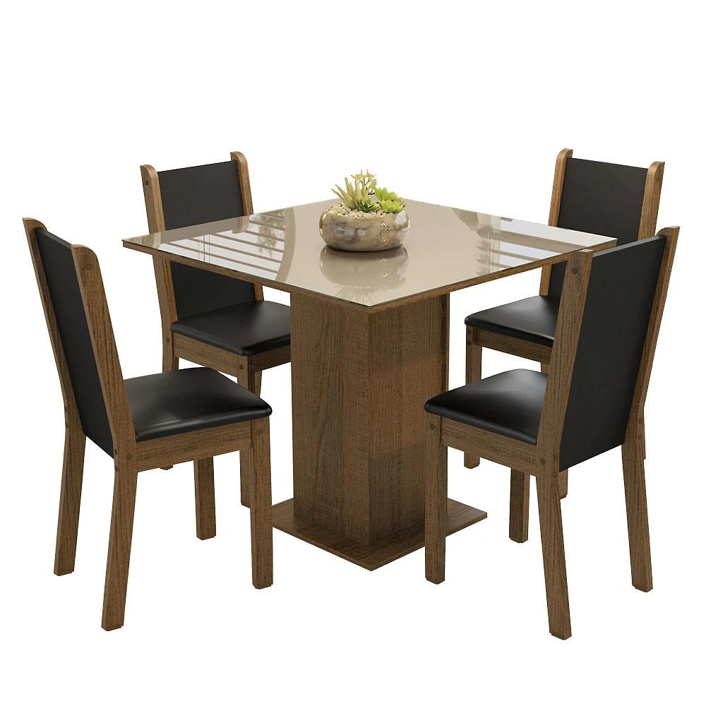 Conjunto sala de jantar mesa tampo de vidro 4 cadeiras rustic/crema/preto tifani madesa