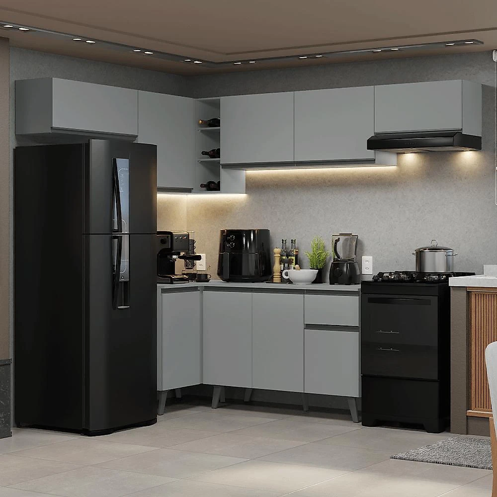 Armário de cozinha completa de canto 405cm cinza nice madesa 02