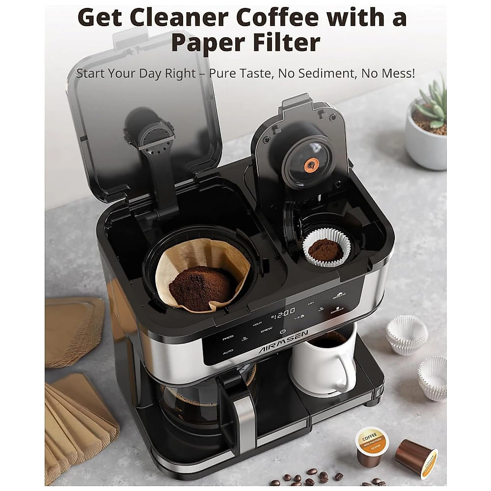Cafeteira Elétrica AIRMSEN Preta 1,8L 12 Xícaras Dupla Função Cápsulas e Pó Touchscreen 1000W 110V