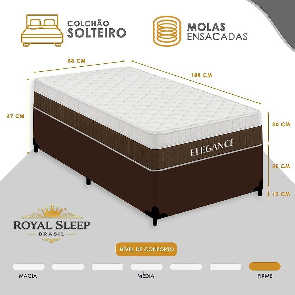 Cama Box com Colchão Solteiro Elegance Pillow Top Molas Ensacadas Tecido Marrom Royal
