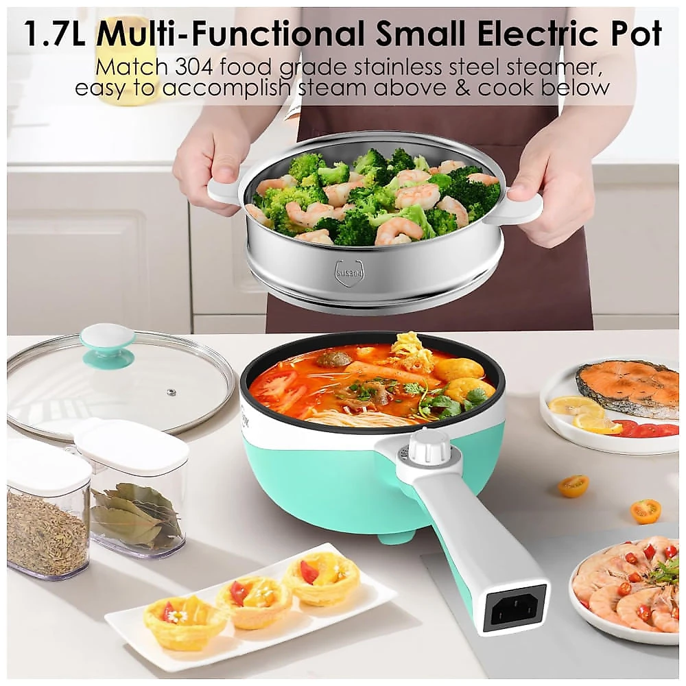 Panela Elétrica Mini Audecook Hot Pot - 1,7L, Frigideira Portátil Antiaderente, Potência Ajustável, Cozimento Rápido de Macarrão em Viagens