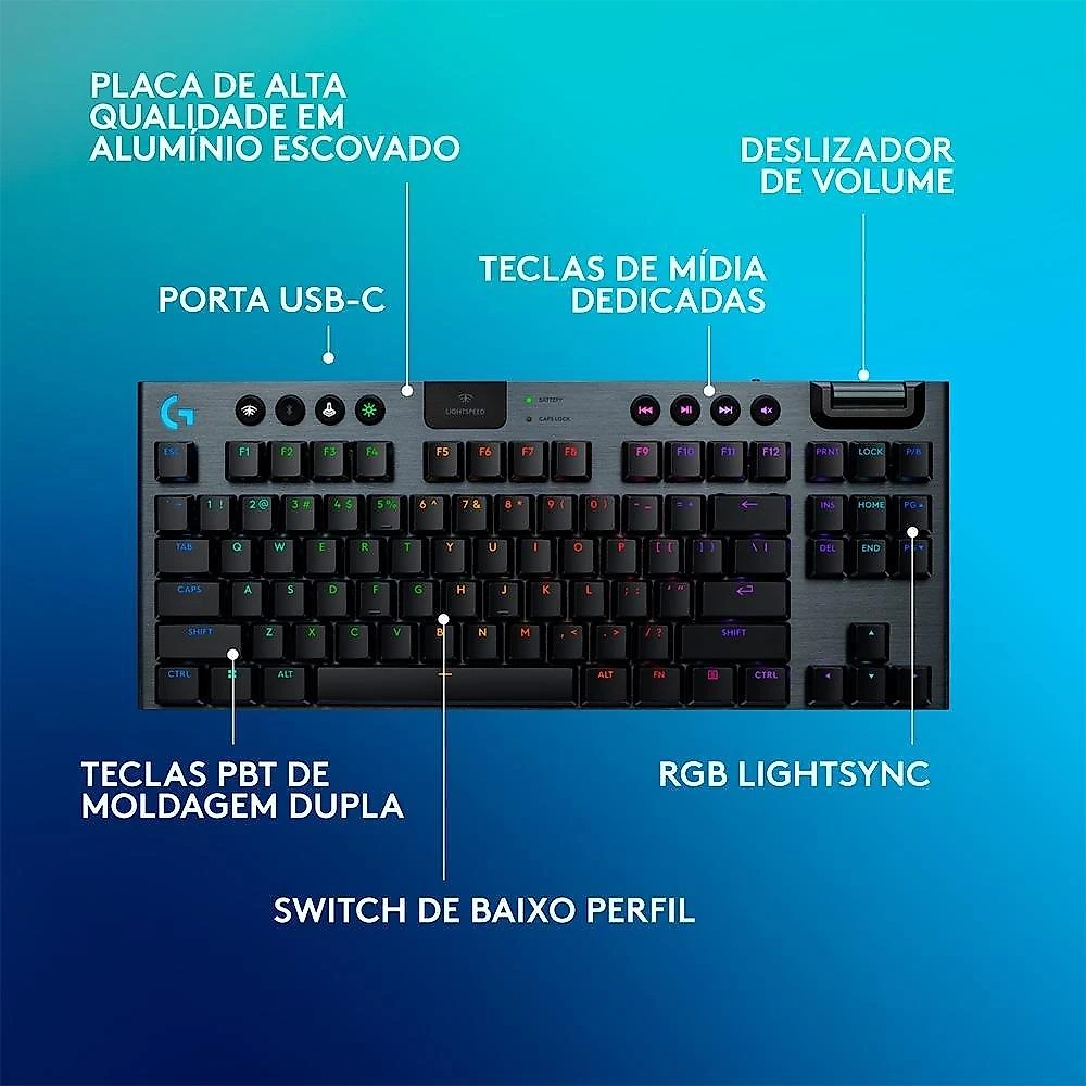 Teclado Mecânico Gamer Sem Fio Logitech G915 X Lightspeed, Design TKL RGB Lightsync, USB ou Bluetooth e Switch GL Tactile, Preto - 920-012715