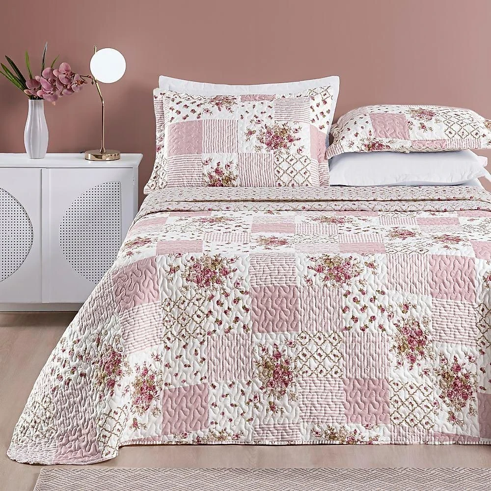 Colcha + Jogo De Cama Bouti Estampado King 06 Peças 100% Poliéster - Rosa Matura