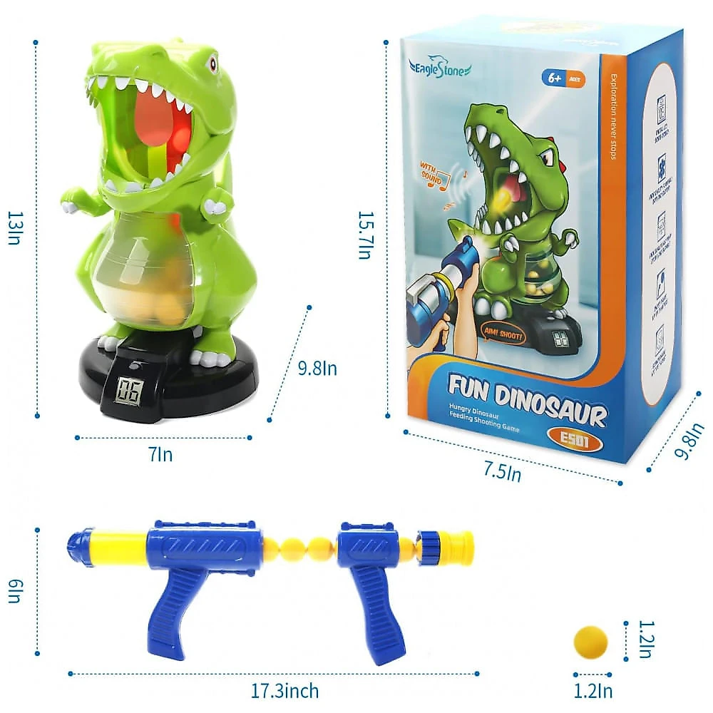 EagleStone Brinquedo de Tiro Dinossauro com Canhão de Ar, 24 Bolinhas de Espuma, Jogo Eletrônico com Placar LCD, Som e Bomba Manual - Presente Ideal