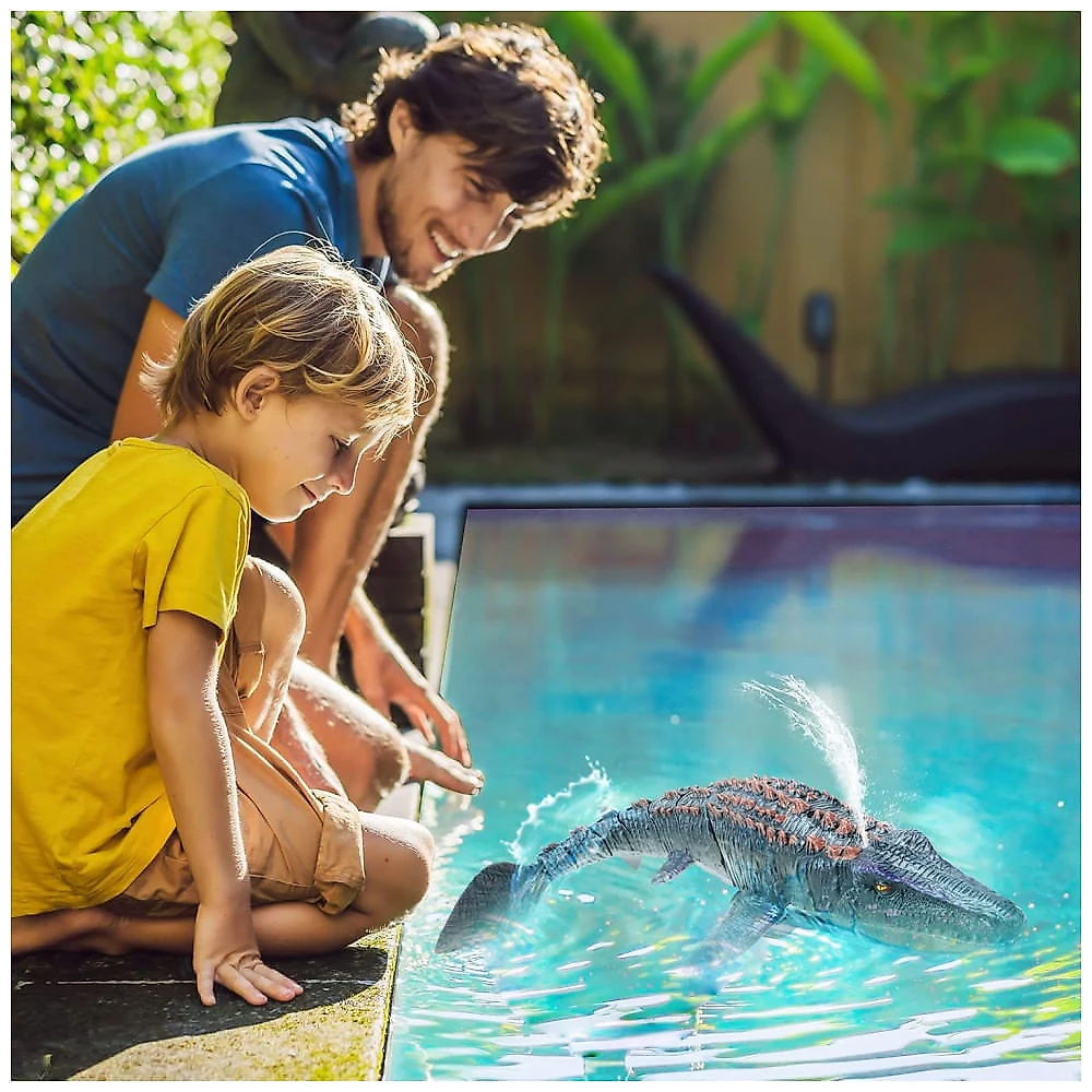 fromeasy Mosasaurus RC: Dinossauro Controle Remoto com Luz e Spray de Água para Piscina e Banho