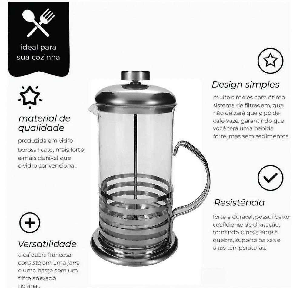 Cafeteira Prensa Francesa Café Leite Chá 350ml Inox - Mimo