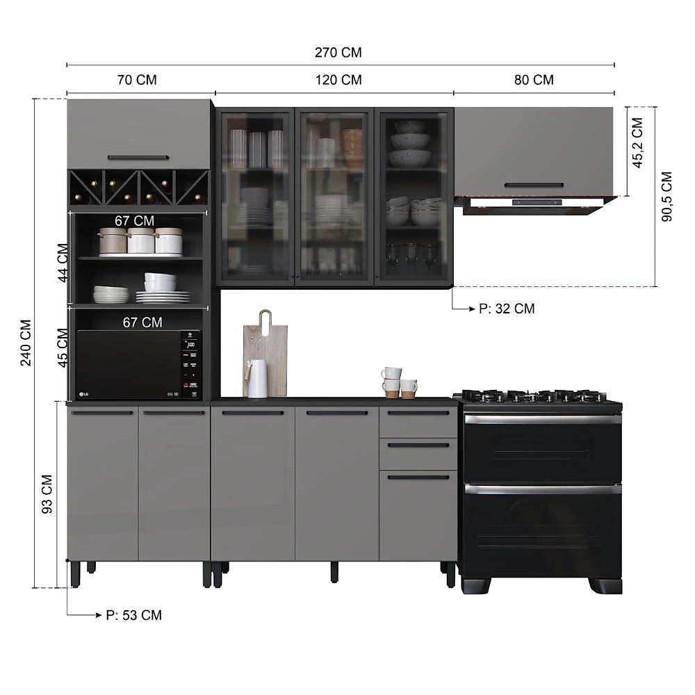 Armário de Cozinha Modulada Completa Mônaco 10 Portas 2 Gavetas MDF-MDP 270CM Chumbo-titânio webcontinental-7899208900990