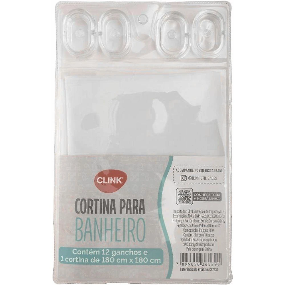 Cortina para Banheiro CK7532 Plástico Peva 1,80x1,80m Branco Clink