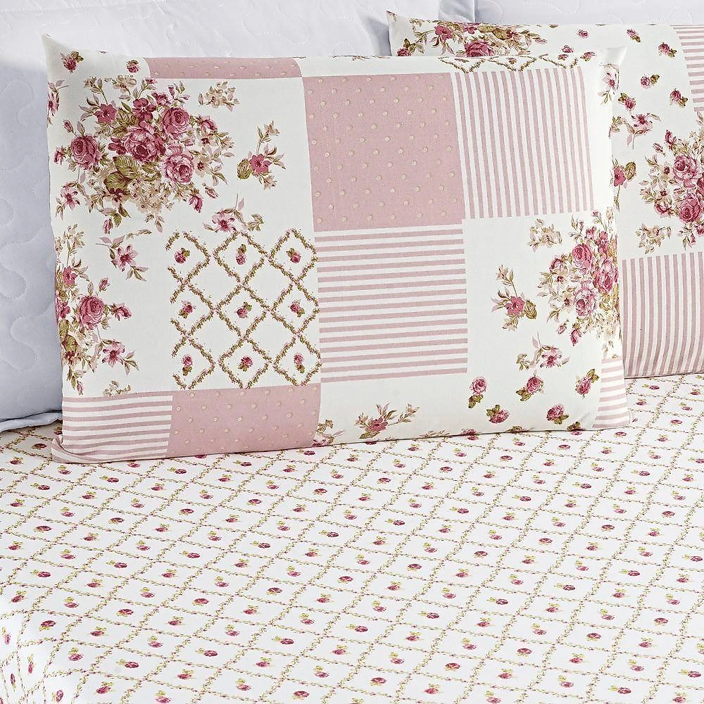 Colcha + Jogo De Cama Bouti Estampado King 06 Peças 100% Poliéster - Rosa Matura