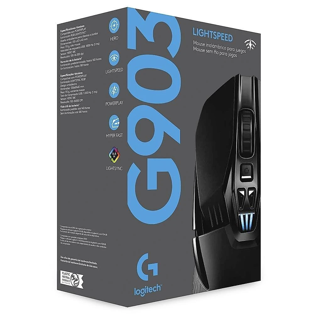 Mouse Gamer Sem Fio Logitech G903 LIGHTSPEED RGB LIGHTSYNC, Design Ambidestro Personalizável, HERO 25K, Compatível POWERPLAY - 910-005671