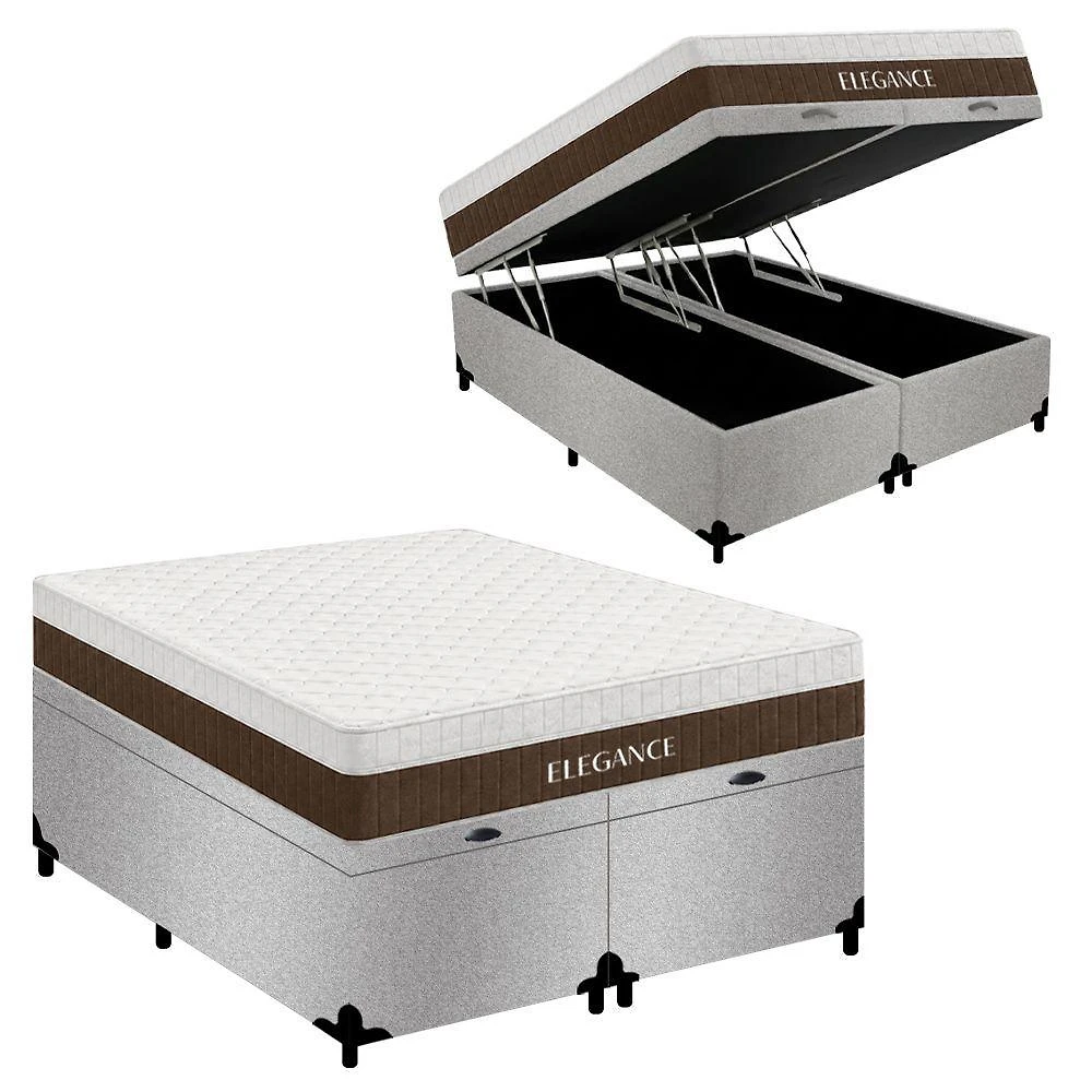 Cama Box com Baú Queen Elegance Euro Pillow Molas Ensacadas Suede Branco Royal
