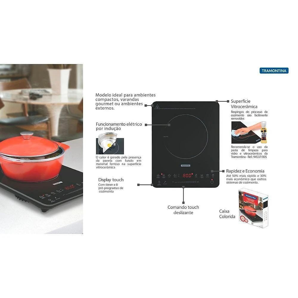 Cooktop Portátil por Indução Tramontina 94714132 1 Boca Vitrocerâmico Preto 220V