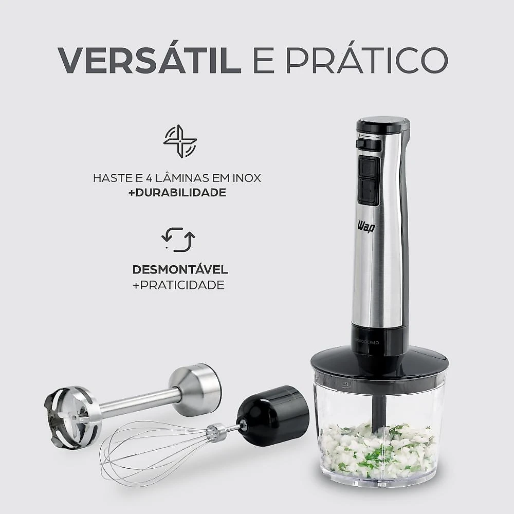 Mixer 3 em 1 elétrico com processador wap inox wm1 turbo com batedor de claras 4 laminas miniprocessador 127v