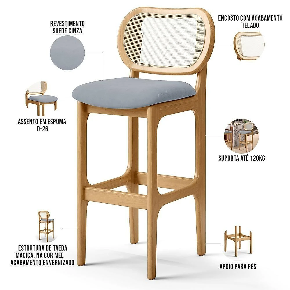 Kit 02 Banquetas Altas Para Cozinha Bancada Sala Tela Betta Fixa L02 Suede Cinza - Lyam