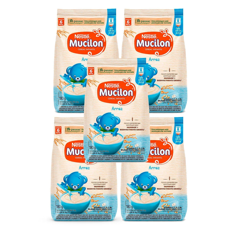 Kit 5 Mucilon Arroz Cereal Infantil Sachê 180g