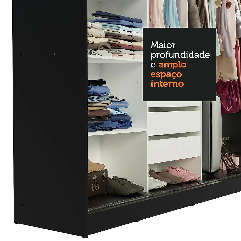 Guarda-roupa casal madesa austin 4 portas de correr com espelhos 3 gavetas preto/rustic