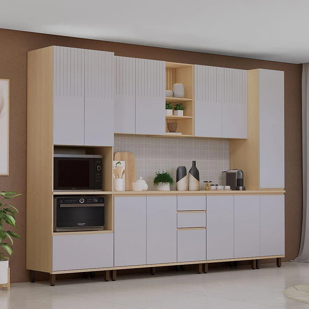 Cozinha Completa 14 Portas 2 Gavetas MDF 310CM Carvalho e Cinza Cristal Aura