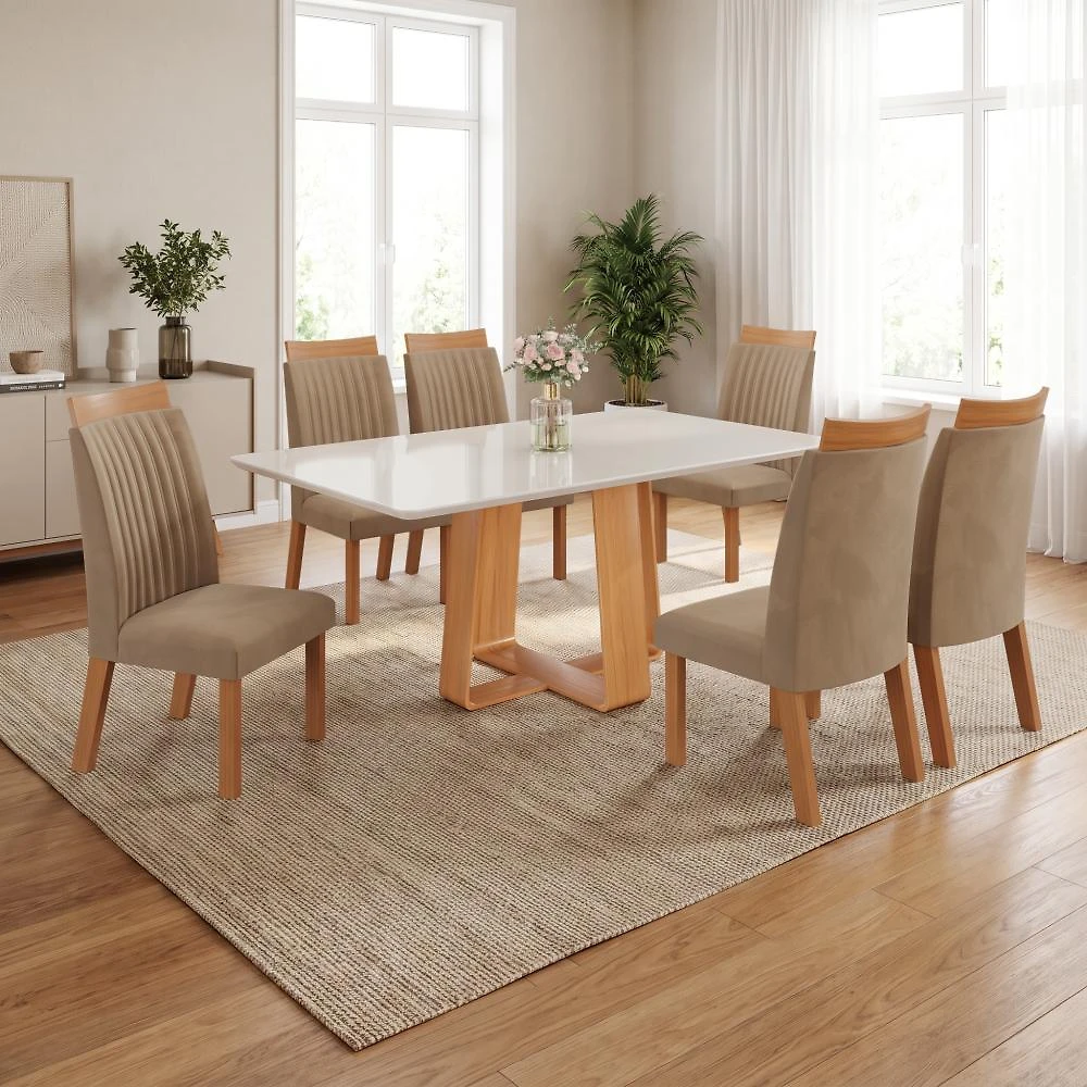 Conjunto Mesa de Jantar com Vidro e 6 Cadeiras 160cm Multimóveis CRLJM-CON030