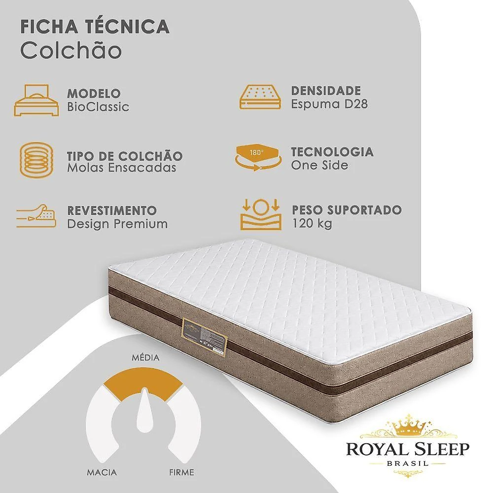Cama Box Solteiro Bioclassic Molas Ensacadas Sintético Cinza Colchão Royal Sleep
