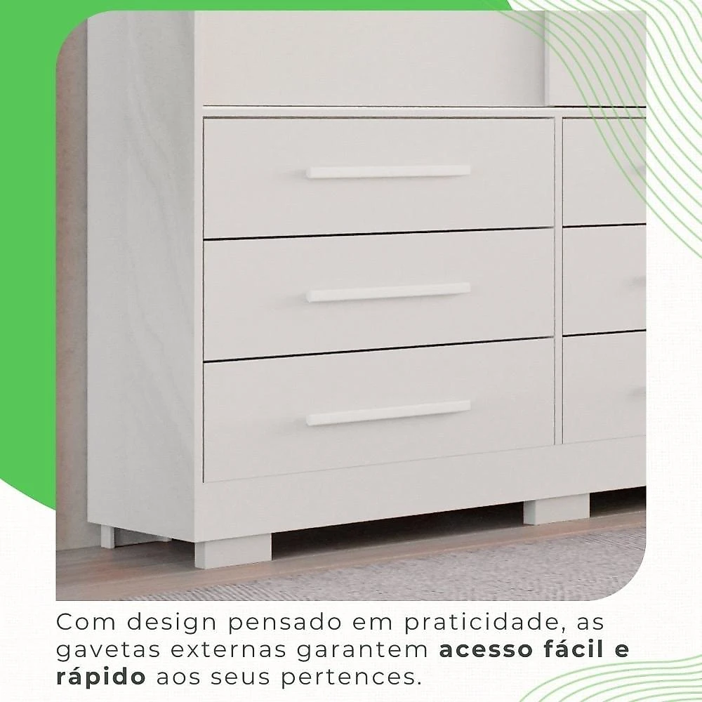 Guarda Roupa com Pés Casal 3 Portas 9 Gavetas Luana Branco