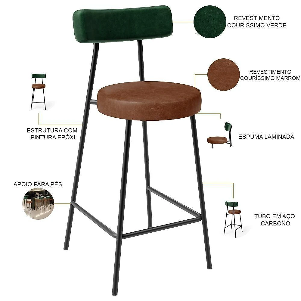 Kit 02 Banquetas Baixa Cozinha Sala Jantar Bancada Milão L02 Facto Verde Musgo Marrom