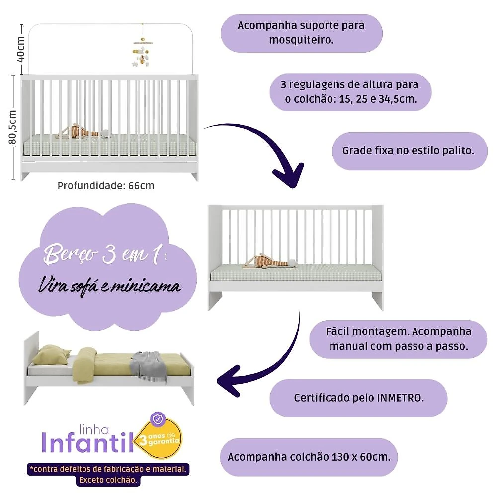 Quarto de Bebê Completo com Berço 3 em 1 com Colchão Incluso Aurora Multimóveis MP4576 Branco