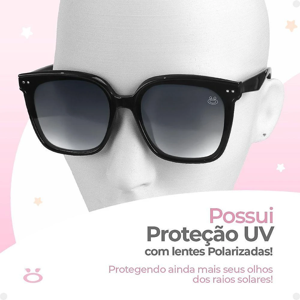 Oculos Sol Feminino Casual Vintage Proteção Uv + Case Quadrado Acetato Preto Verão Presente Original