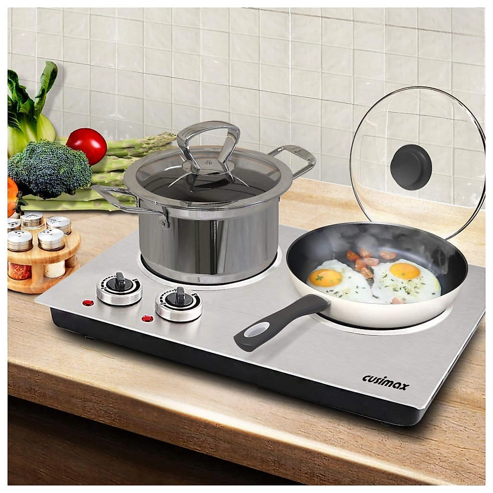 Cooktop Elétrico Portátil de Bancada com 2 Queimadores Infravermelho, 110V 1800W, Cusimax, Prata