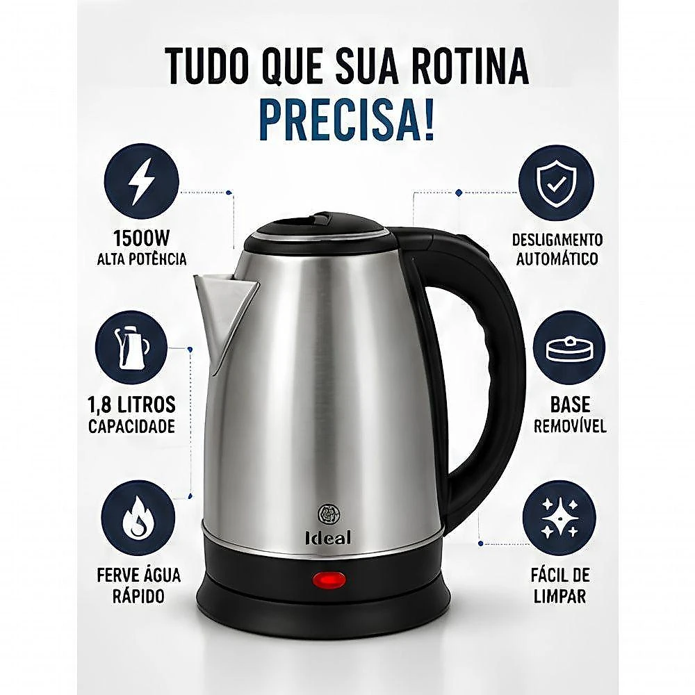 Chaleira Elétrica Inox 1,8L 1500W Base Removível Desligamento Automático 220V