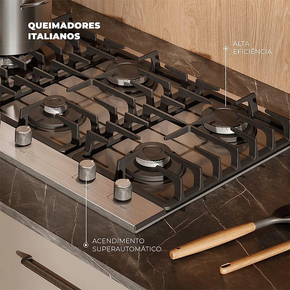 Cooktop a Gás Fischer Platinium Prime 5 Bocas Inox Tripla Chama Bivolt