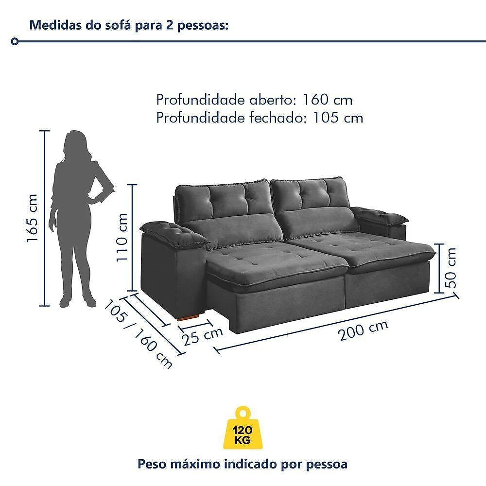 Sofá Toronto 3 Lugares Retrátil e Reclinável 200CM Cinza