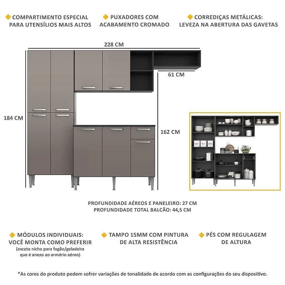 Armário De Cozinha Compacta Pequim Multimóveis V2933 Preto/Lacca Fumê Preto/Lacca Fumê