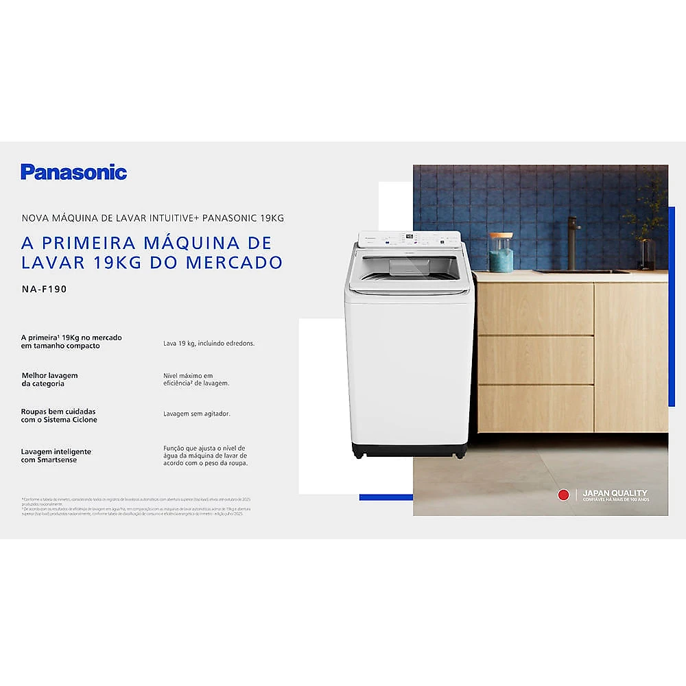 Lavadora de Roupas Intuitive+ Panasonic 19Kg Branca com 10 Programas de Lavagem e Smartsense - NA-F190G1 110