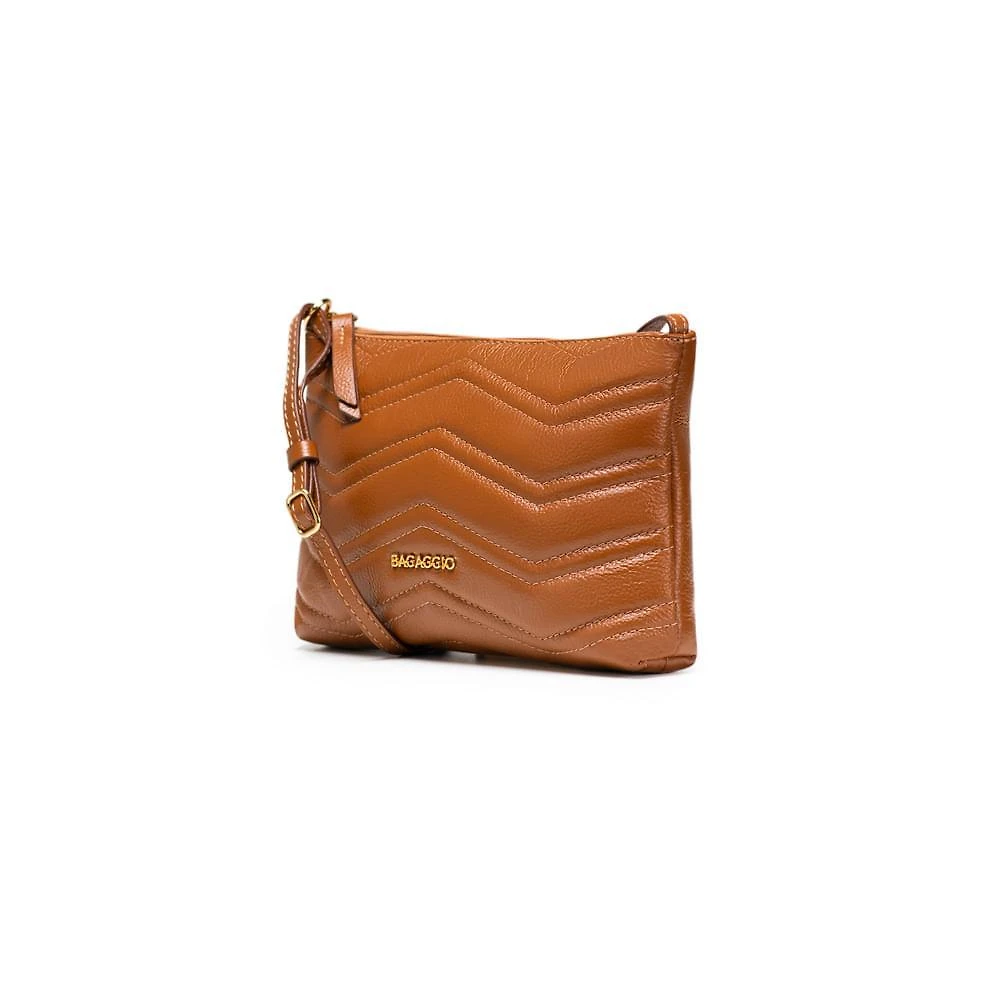 Bolsa transversal feminina de couro zig zag matelasse pequena caramelo