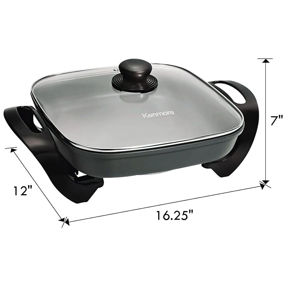 Panela Elétrica Kenmore 30x30cm com Controle de Temperatura - Antiaderente, Tampa de Vidro, Cabos, Grelha - Prepare Refogados e Assados com Facilidade