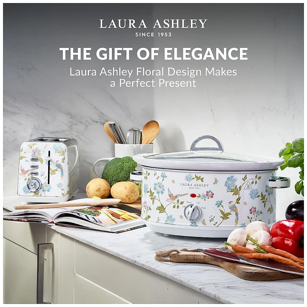 Panela elétrica de cozimento lento Laura Ashley 3,5L Elveden White floral cuba cerâmica tampa de vidro 3 ajustes de temperatura 200W 110V