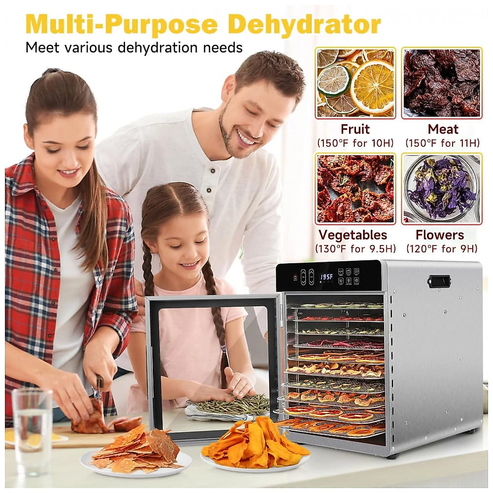 Desidratador de Alimentos SUCISENI com 10 Bandejas de Aço Inoxidável, 9 pés, 1000W, Timer de 24 Horas e Controle de Temperatura